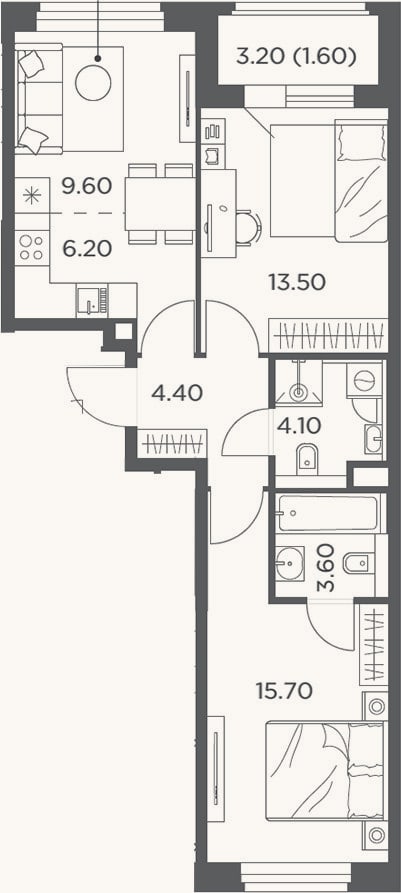 Планировка: 3-к, 57,1 м²