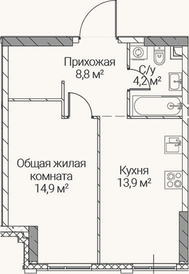 Планировка: 1-к, 41,8 м²
