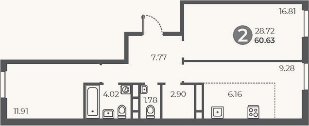Планировка: 2-к, 60,6 м²
