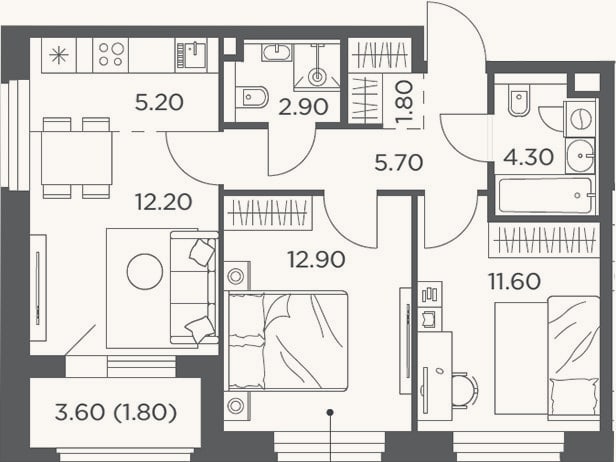 Планировка: 3-к, 56,6 м²