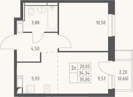 Планировка: 2-к, 34,3 м²