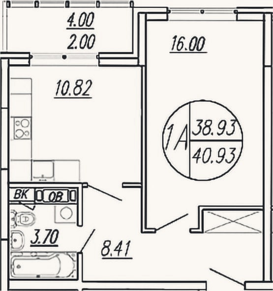Планировка: 1-к, 38,9 м²