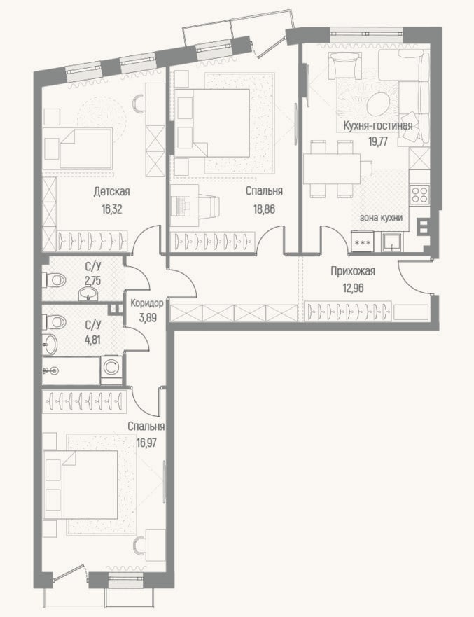 Планировка: 3-к, 96,5 м²