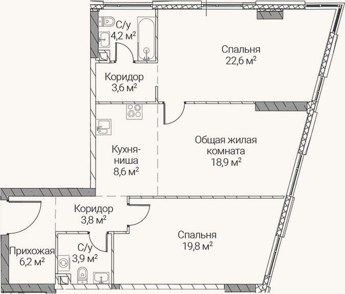 Планировка: 3-к, 91,6 м²