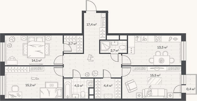 Планировка: 3-к, 90 м²