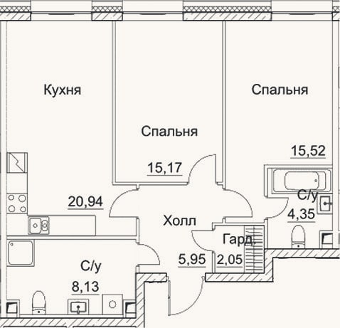 Планировка: 3-к, 72,1 м²