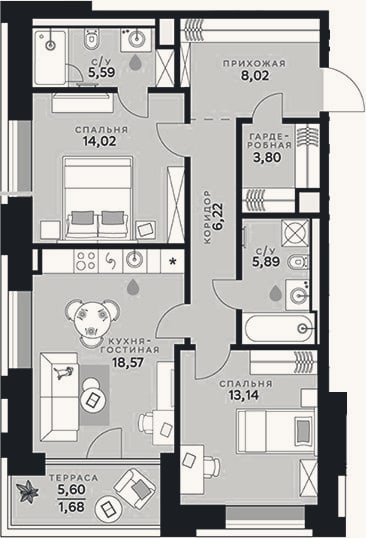 Планировка: 3-к, 75,3 м²