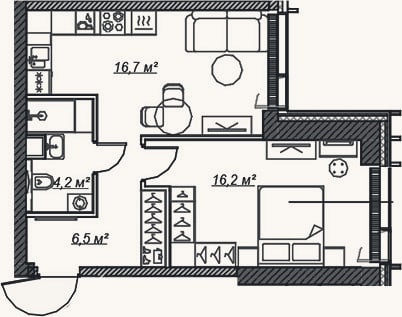 Планировка: 2-к, 43,6 м²