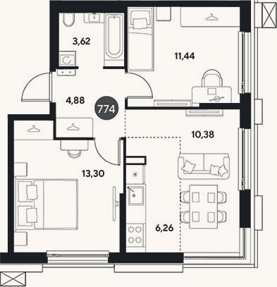 Планировка: 3-к, 49,9 м²
