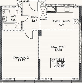 Планировка: 2-к, 50,9 м²