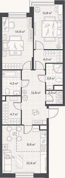 Планировка: 3-к, 76 м²