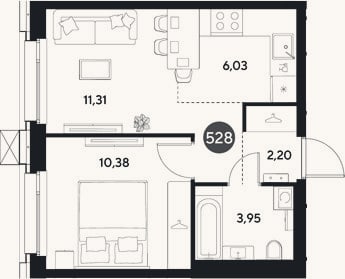 Планировка: 2-к, 33,9 м²