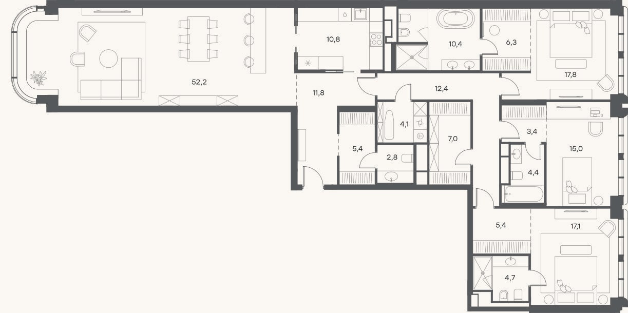 Планировка: 4+ к, 187,5 м²