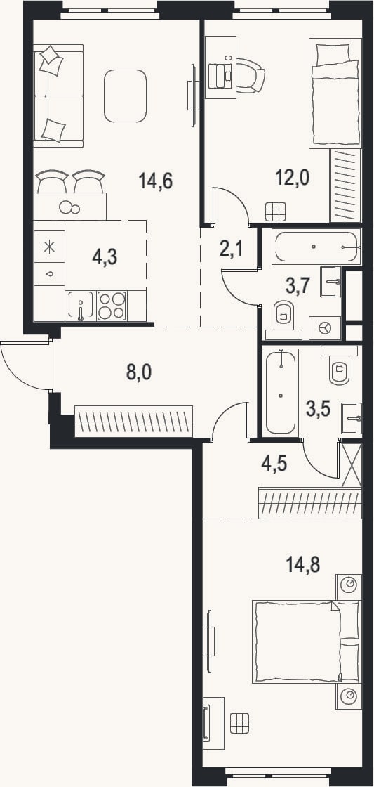 Планировка: 3-к, 67,5 м²