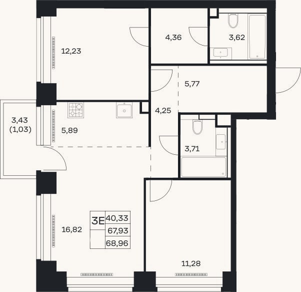 Планировка: 3-к, 67,9 м²