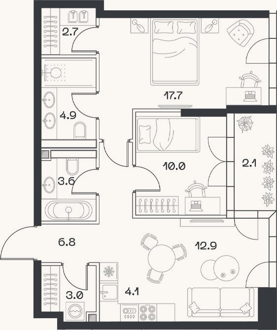 Планировка: 3-к, 65,8 м²