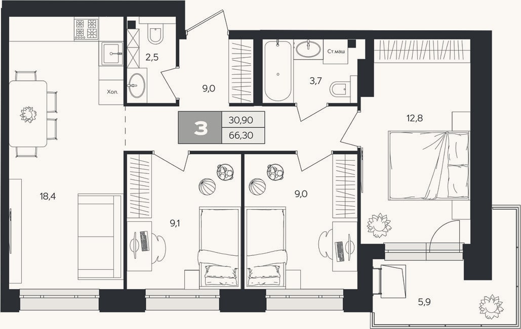 Планировка: 3-к, 64,5 м²