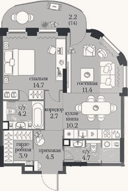 Планировка: 1-к, 56,3 м²