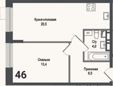Планировка: 2-к, 44,4 м²