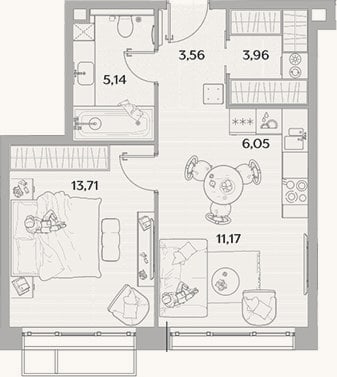 Планировка: 2-к, 43,6 м²