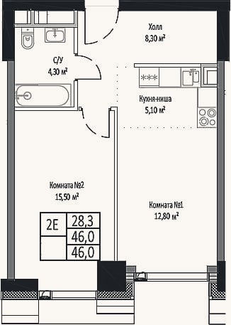 Планировка: 2-к, 46 м²