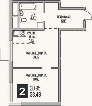 Планировка: 2-к, 33,5 м²