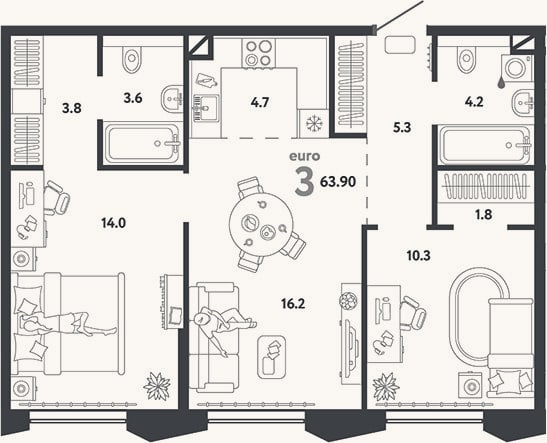 Планировка: 3-к, 63,9 м²