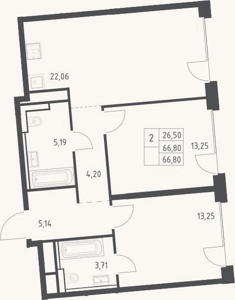 Планировка: 3-к, 66,8 м²