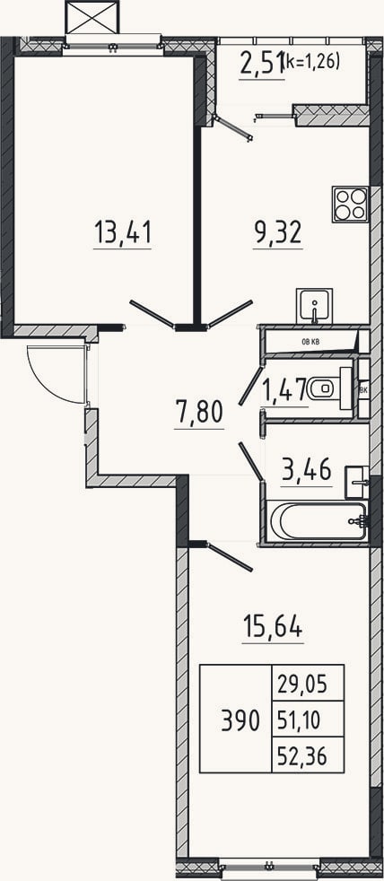 Планировка: 2-к, 51,1 м²