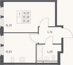 Планировка: 1-к, 35,4 м²