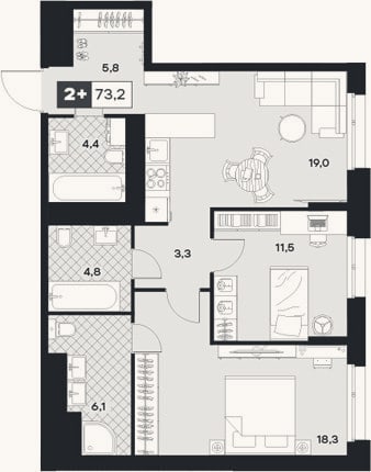 Планировка: 2-к, 73,2 м²