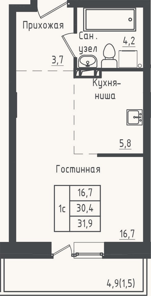 Планировка: Студия, 30,4 м²