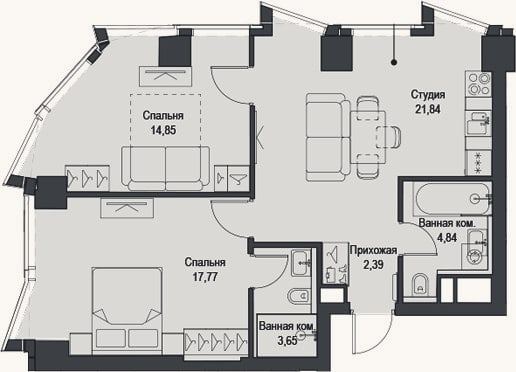 Планировка: 3-к, 65,3 м²