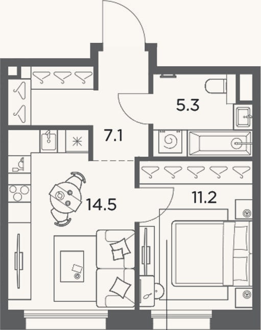 Планировка: 1-к, 38,1 м²