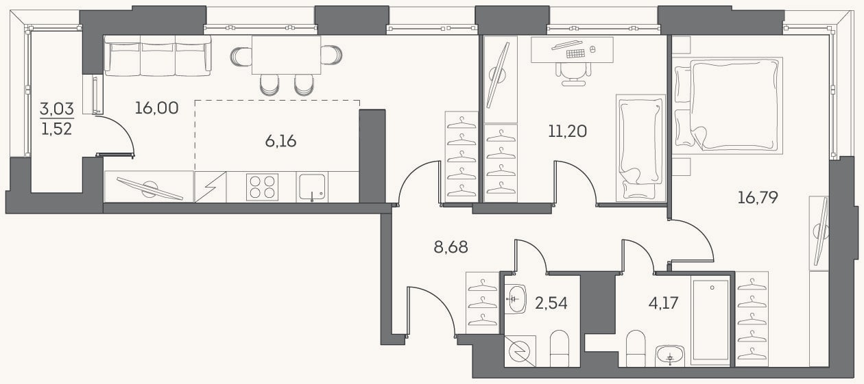 Планировка: 3-к, 65,5 м²