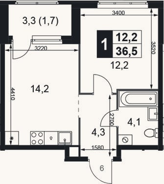 Планировка: 1-к, 34,8 м²