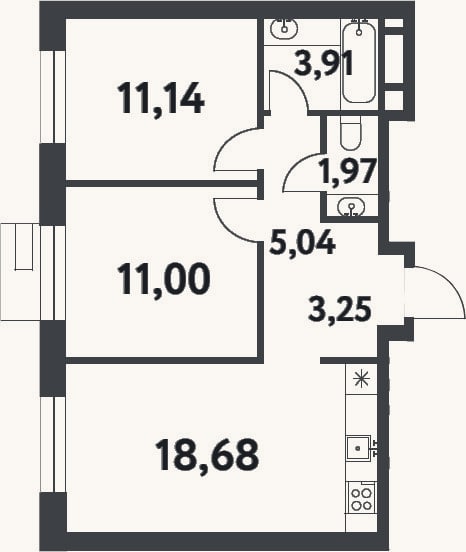 Планировка: 2-к, 55 м²