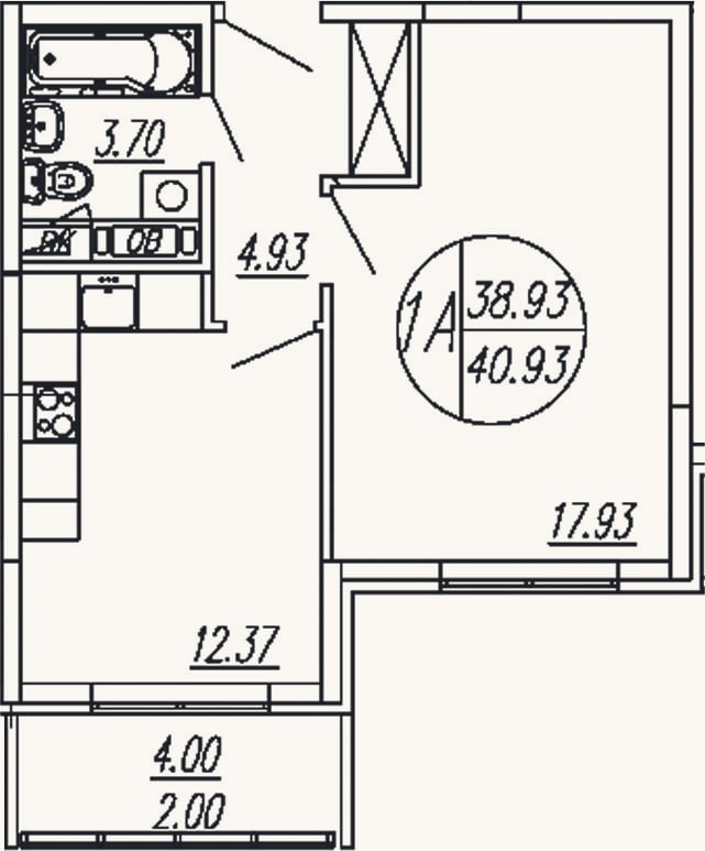 Планировка: 1-к, 38,9 м²