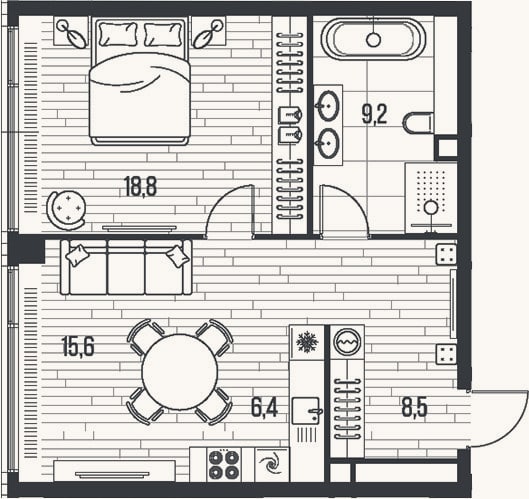 Планировка: 2-к, 58,5 м²
