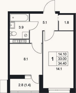 Планировка: 1-к, 33 м²