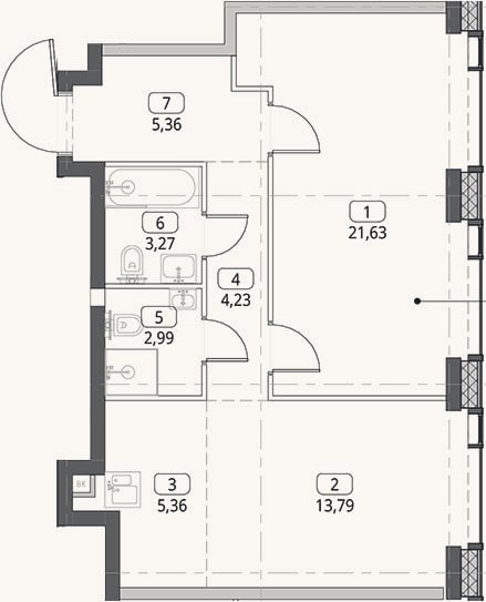 Планировка: 2-к, 56,6 м²