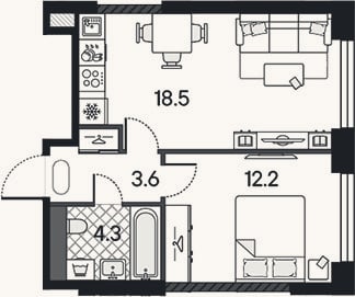 Планировка: 2-к, 38,6 м²