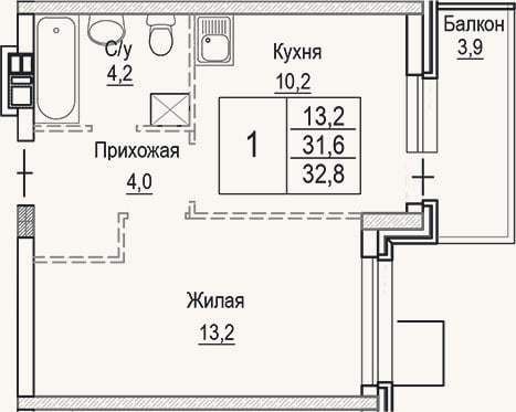 Планировка: 1-к, 31,6 м²