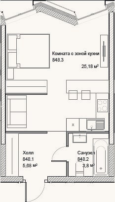 Планировка: Студия, 34,6 м²