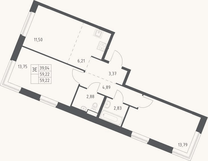 Планировка: 3-к, 59,2 м²
