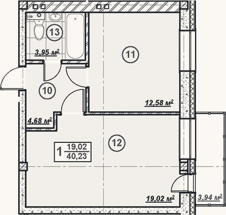 Планировка: 1-к, 40,2 м²