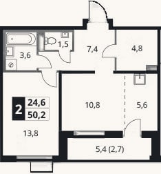 Планировка: 1-к, 47,5 м²