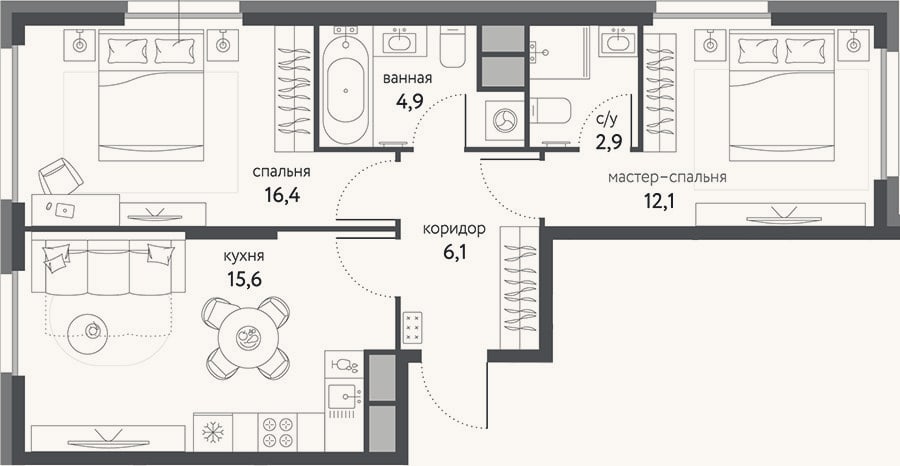 Планировка: 2-к, 58 м²