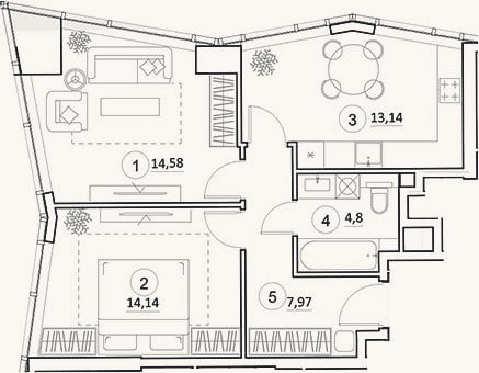 Планировка: 2-к, 54,4 м²