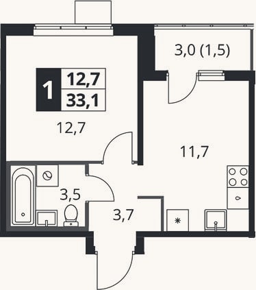 Планировка: 1-к, 31,6 м²
